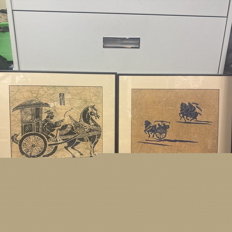 Framed art lot of 2 of batik horse carriage