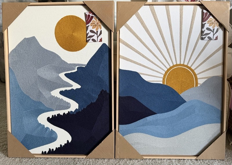 New BP Home Textile Embroidered Woven Wall Art Set Mountain & Sun Decor 18”x26”