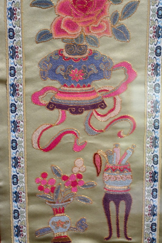 Vintage Japanese Hand Embroidered on Silk Framed Wall Art Vases, Flowers gallery