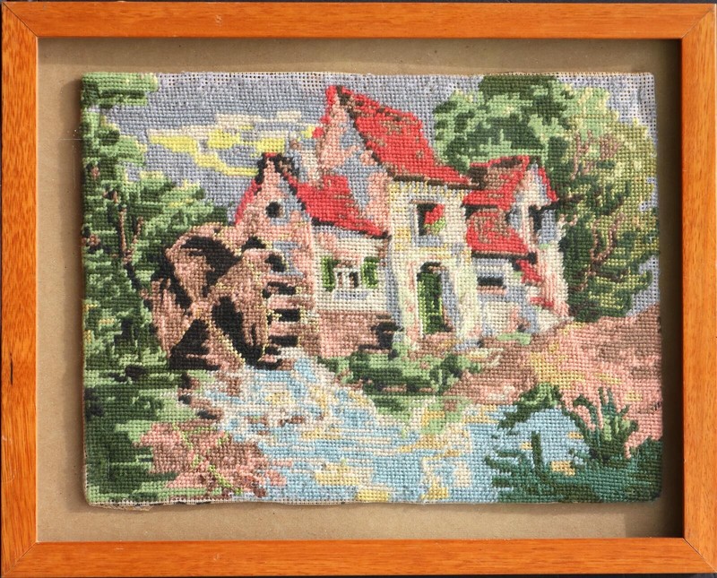 Red Roof Cottage framed needlepoint tapestry original artwork gobelin