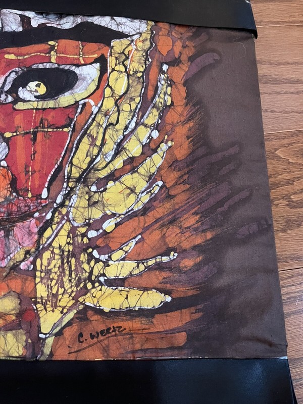 Vtg Bali Batik Dyed Fabric Art Tribal Face Matted Pictured ~20x16” Signed gallery