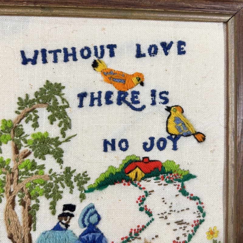 Vintage Framed Embroidery Art "Without Love There Is No Joy" Folk Art Couple gallery