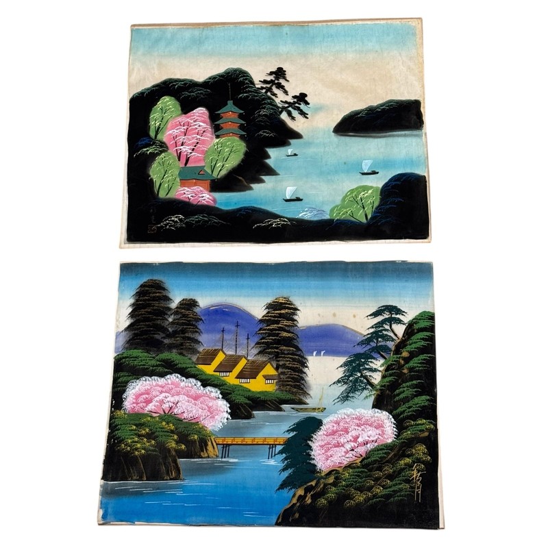 Vintage Japanese Fabric Cherry Blossom Tapestry Paintings Set Of 2 14x17 Pagoda