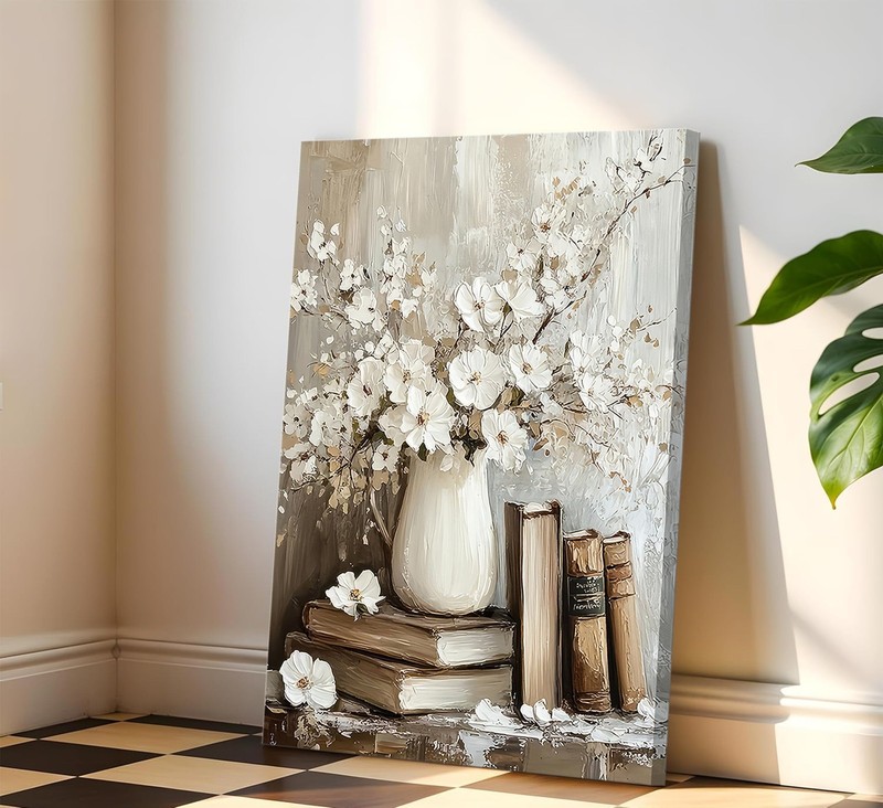 Vintage Books Canvas Wall Art Farmhouse Rustic Floral Painting Picture Wall D... gallery
