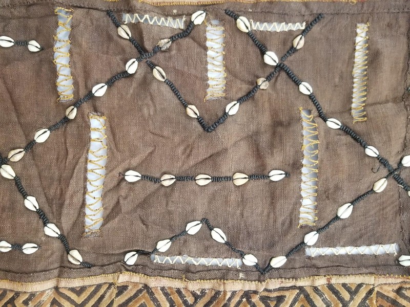 Vintage African Cowrie Shell & Embroidered Tribal Textile Panel 174x50cm gallery