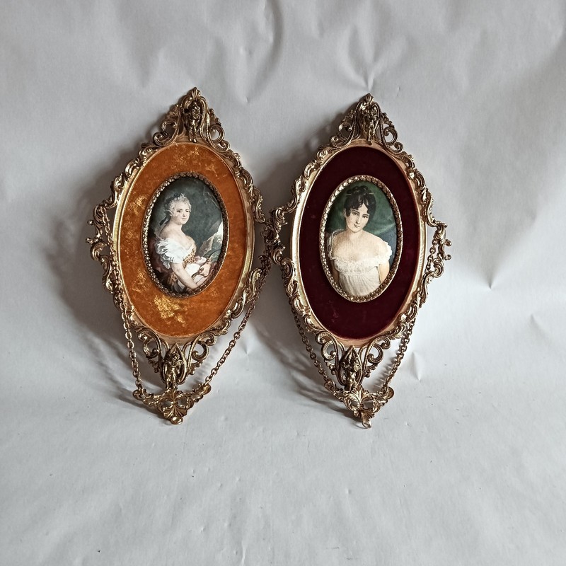 Vintage Italian Oval Wall Hangings - Brass Frame Print Silk Lady Portraits gallery