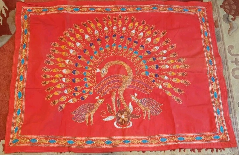 Peacock And Hens Indian Folk Art Hand Sewn Applique Textile Framed