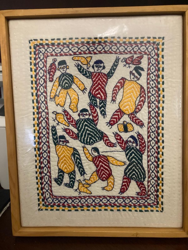 FRAMED KANTHA EMBROIDERY Aarong Dancing Men Ethnic India/ Bangladesh Tapestry