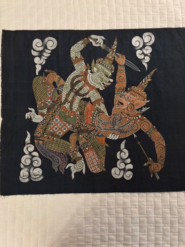 Vintage Painted Silk Thai Tapestry Man/God in Fight with Monkey Handpainted gallery