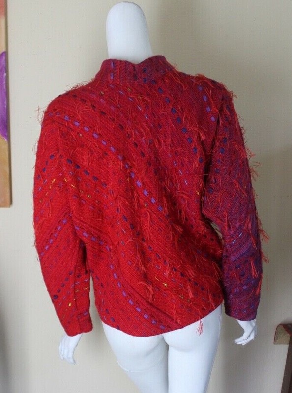 B Jane Doub Sz S M Rich Red Purple Hand-Woven Fiber Art-to-Wear Coat Jacket gallery