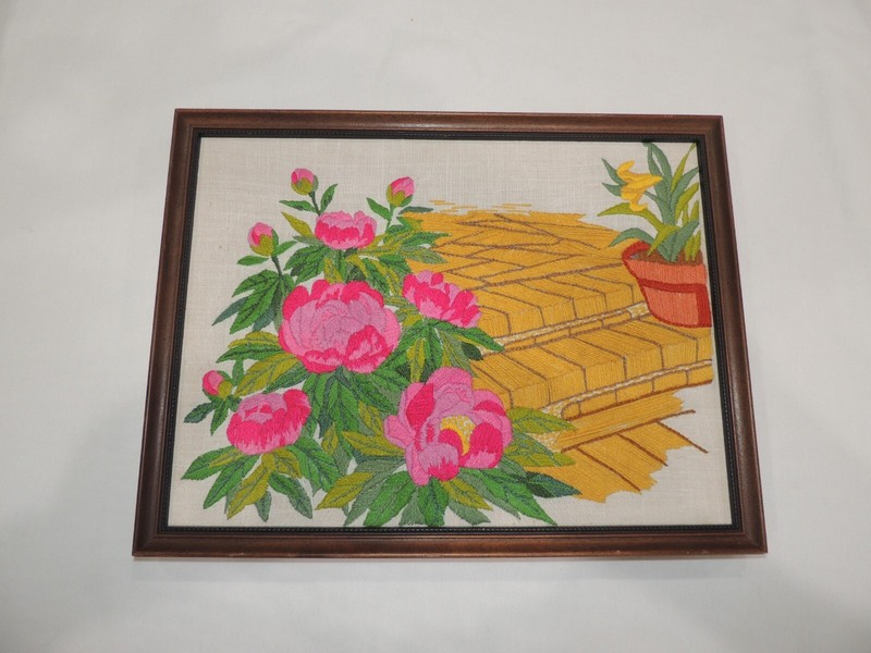 Vintage French? Embroidery Landscape Wall Art Flower Framed 17"X 13" gallery