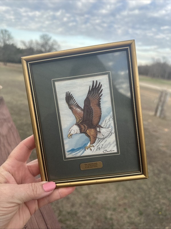 Vtg Cash’s Woven Silk Embroidered Bald Eagle Framed Wall Art Picture USA Freedom