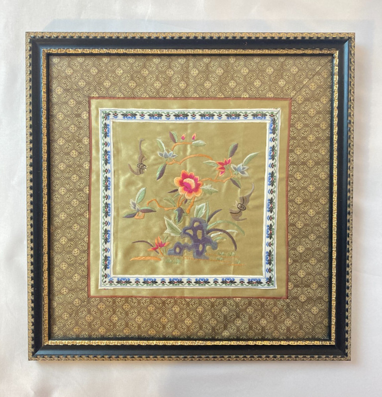 Vintage Framed Asian Embroidered Silk Panel Floral and Bats Design 12×12