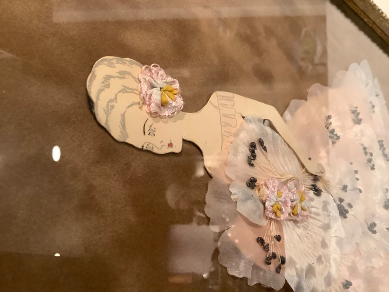 Antique/Vtg Framed Paper Doll Flower Seller Handmade Dressed w Lace And Ribbons gallery