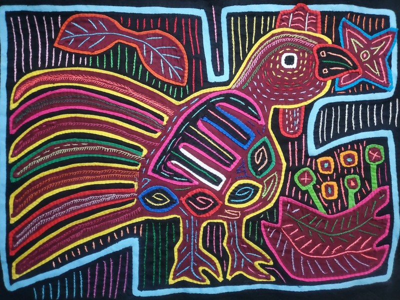 authentic a rooster pattern mola unframed panel handmade embroidery Panama 1485