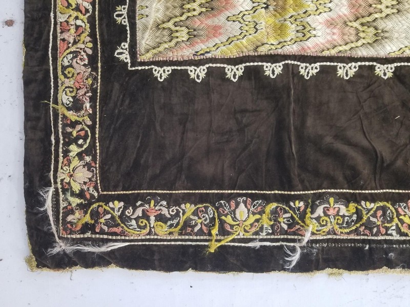 Antique Rare Italian Flame Stitch Velvet Textile Runner 122x22in gallery