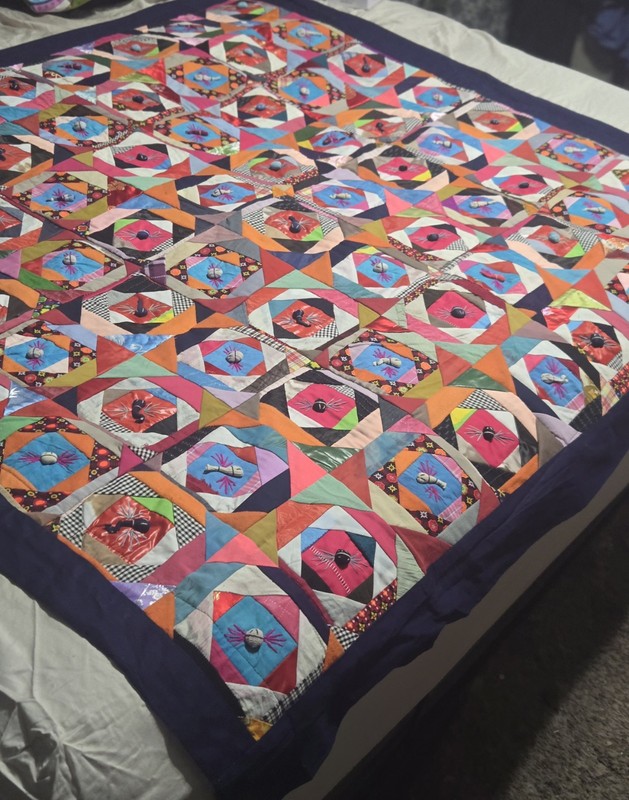 Folk Art Chinese Patchwork Quilt Bai Jia Bei Signed 58.5″x55″