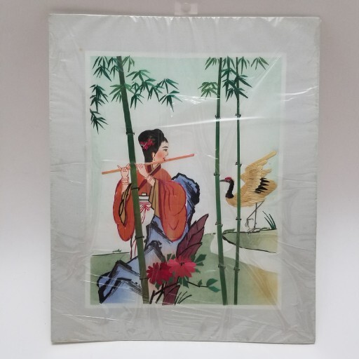 Vintage Asian Hand Cut Dyed Wheat Stalk on Silk Art Crane Geisha Playing Flute