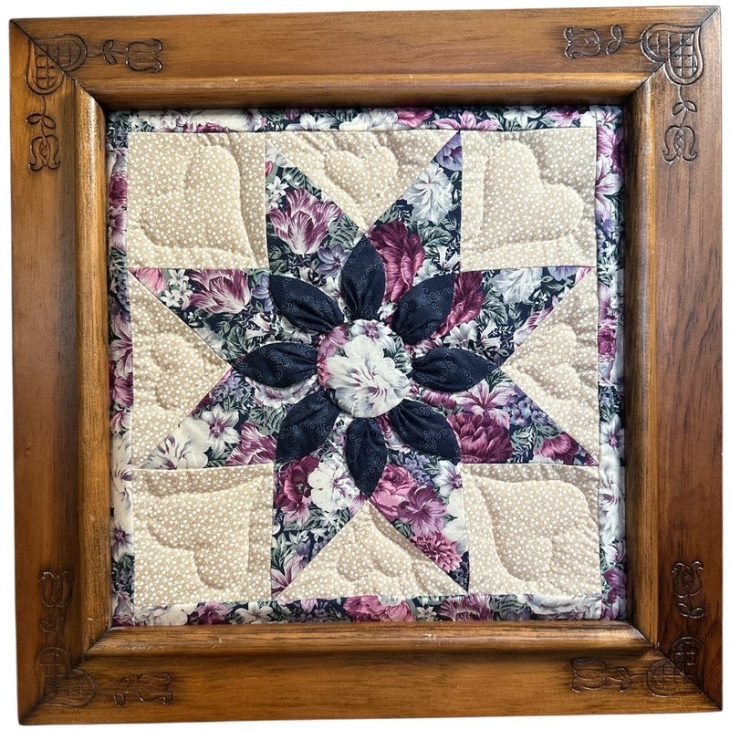 Vintage Large Amish Quilted Square w. Cottage Carved Wood Frame 20″ Square