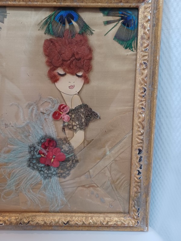 Art Deco Mixed‑Media Textile Art 1920s‑30s Style Lace Feather Ribbon Figure Art gallery