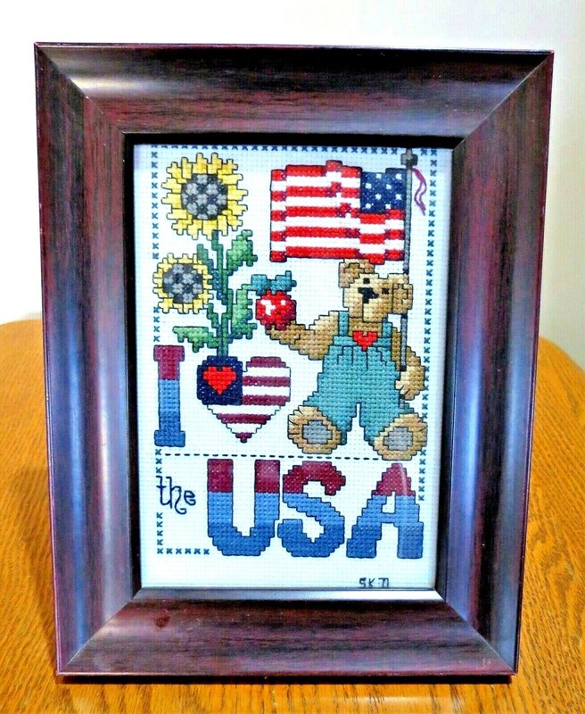 Framed, Hand Stitched Patriotic Sampler I (Heart) the USA Teddy Bear, US Flag,