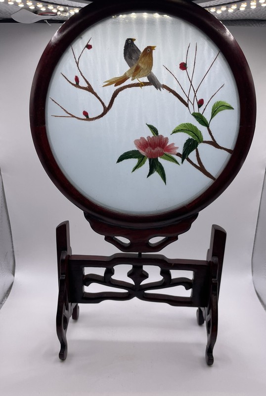 Vintage Chinese Art Double-Sided Suzhou Silk Embroidery Love Birds Flower