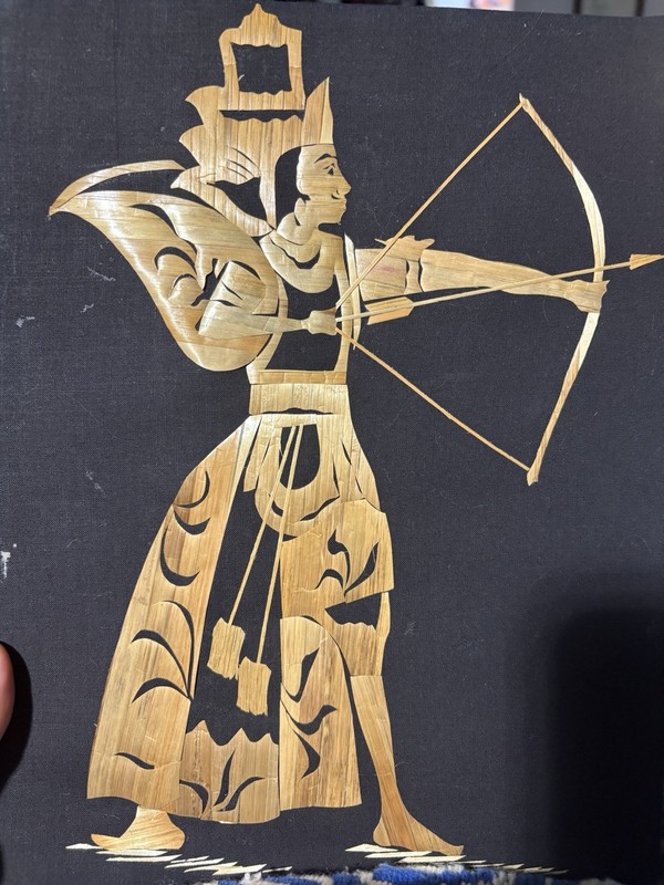 Vintage Bamboo Straw Art Archer Emperor Warrior 8 X 10 Inches