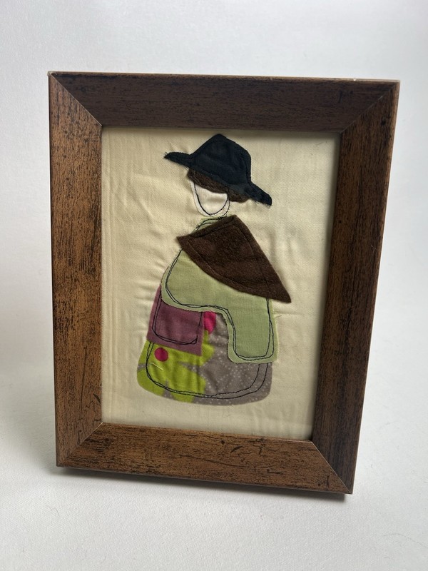 Framed Textile Welsh Welsh Art Figure – Vintage Fabric Appliqué in Wooden Frame