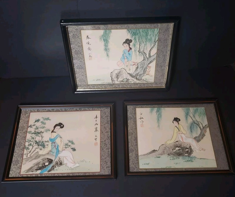 Vintage Asian Watercolor on Silk «Females In Landscape Scenes» Framed
