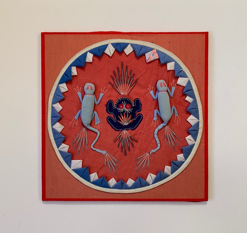 Vtg Embroidered Wall Art Lizard Frog Quilted Folk Art Textile Chinese