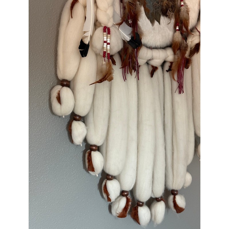 Vtg Signed Navajo Mandala Wall Hanging - Large Feather Shield 25x50” gallery