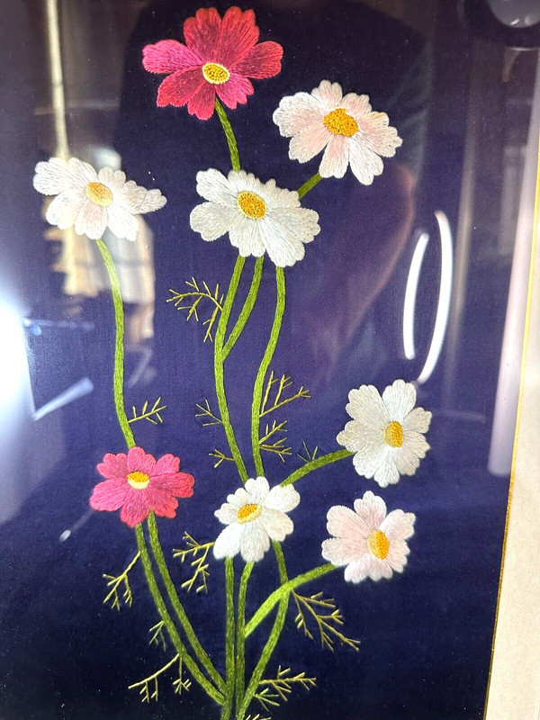 Vintage Handmade Asian Silk Thread Embroidery Framed Floral Art gallery