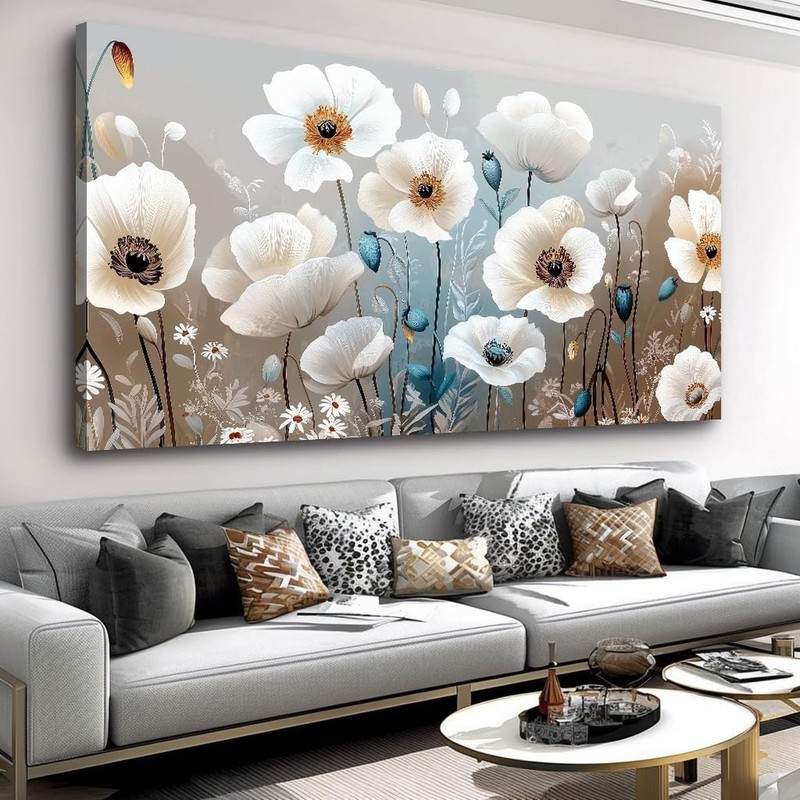 Large White Poppy Flower Wall Art Elegant Flower Framed Floral Canvas Print f...