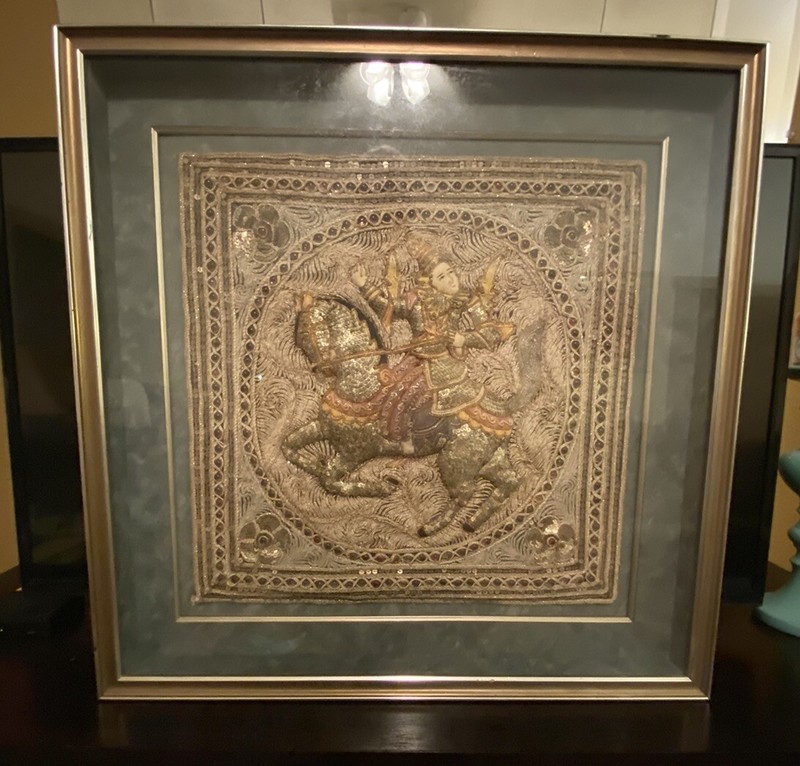 Vintage Kalaga Burmese Embroidered Horse and Rider 3D Glass Box Frame gallery
