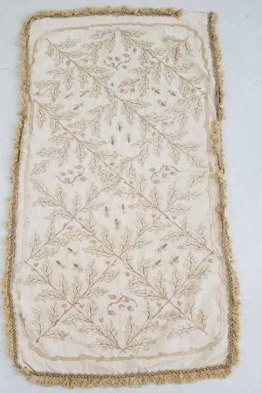 Antique Hand-Embroidered Oak Leaves, Bees & Acorns Silk Panel 46×25 inches