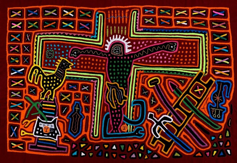 Exceptional Vintage Kuna Mola Crucifixion Panel 17″x12″ San Blas Panama Folk Art