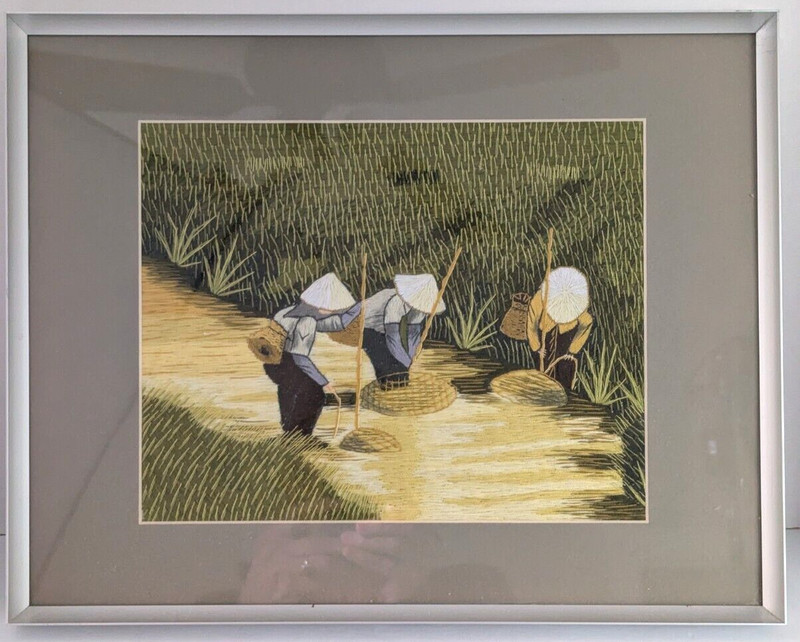 Vintage Vietnamese Silk Embroidery Art Rice Planting Matted & Framed 11″ by 14″