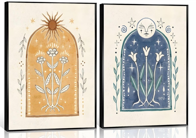 2Pcs Vintage Boho Sun and Moon Canvas Wall Art Sunflowers Pictures Spiritual ...