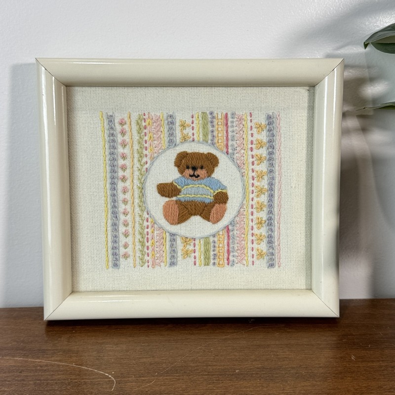 Vintage Framed Teddy Bear Embroidery Art 1985 Handmade Needlepoint Nursery Decor