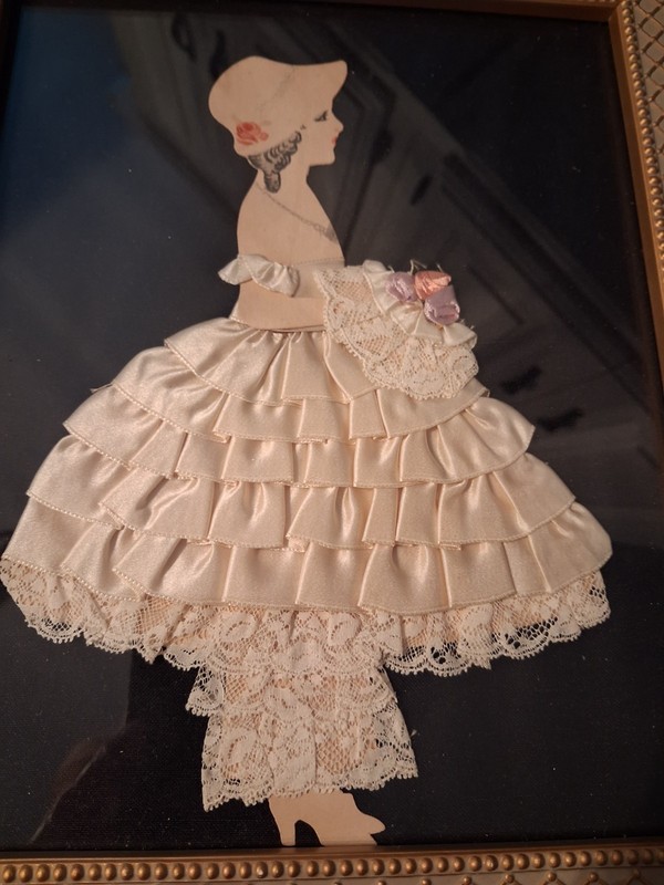 Vintage Ribbon Doll Art Picture Layered Gown And Lace Vtg Frame Approx 12" x 10" gallery