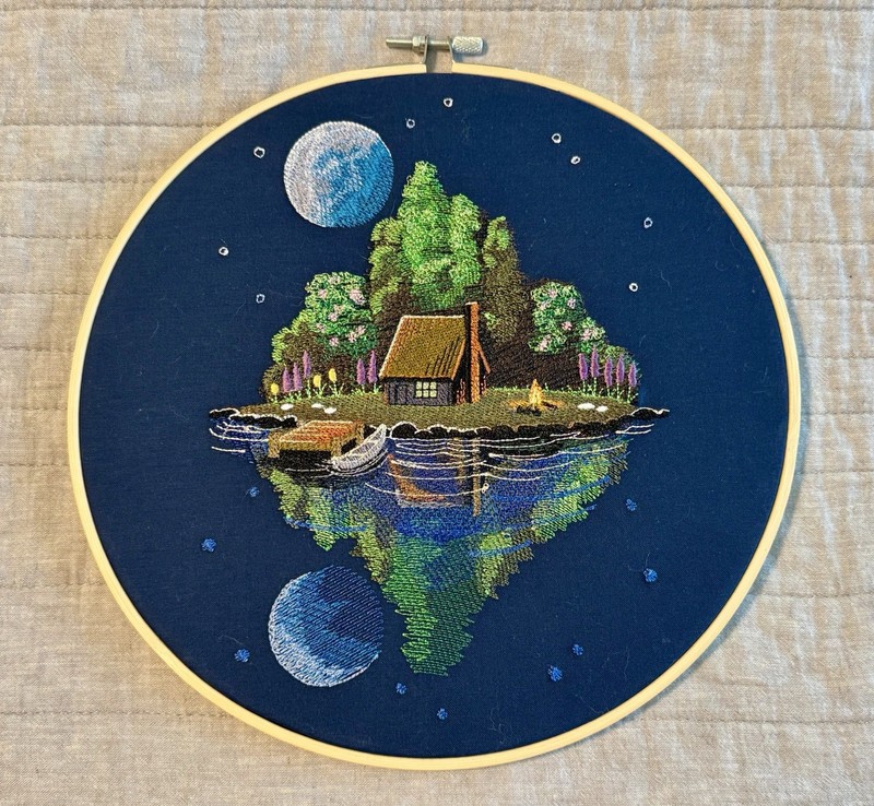 Embroidered Wooden Hoop Art Night Sky Lake Cabin Scene