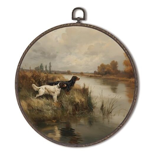 Vintage Hunting Dog Round Framed Wall Art Decor, Rustic 10″L x 10″W hunt dog