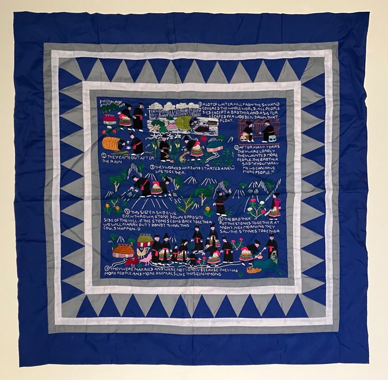 New Old Stock Hmong Story Cloth Embroidered Folk Art Tapestry 32×32, Immaculate