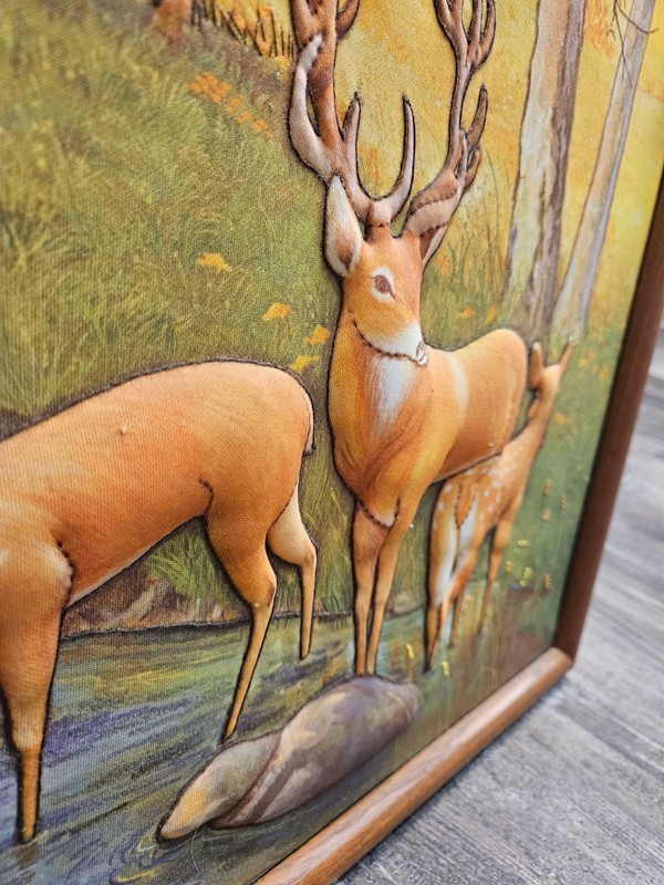 VTG 3D Puffy Fabric Art Autumn Woodland Scene Deer Moose Artist R.D. Bushee gallery