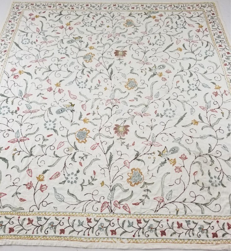 Vintage Traditional Indian Kashmiri Crewel Work Floral & Birds Textile 255x238cm