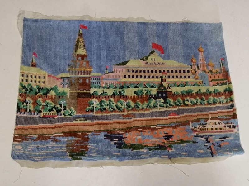 Embroidery painting canvas with threads Moscow Kremlin. Soviet vintage handmade