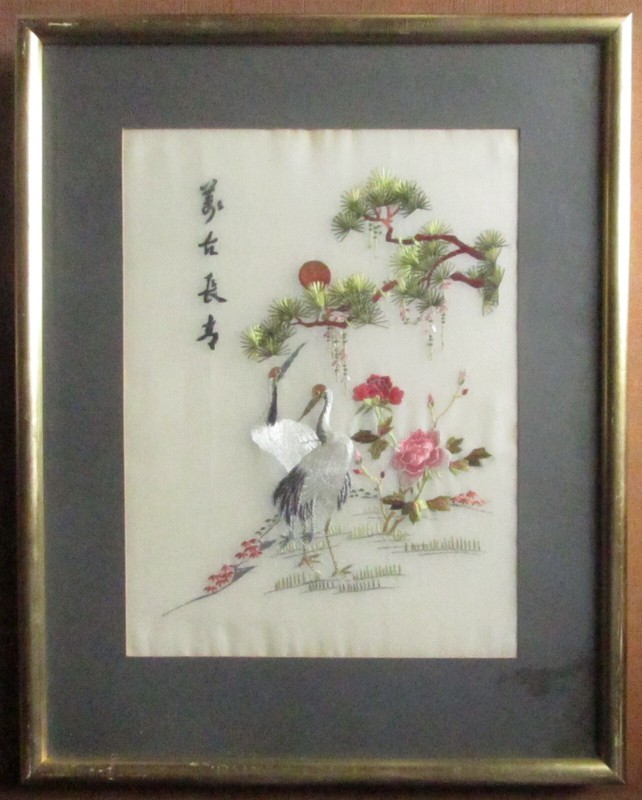 20th Century Chinese Silk Art White Cranes Peonies Bamboo Artist Signed F&G