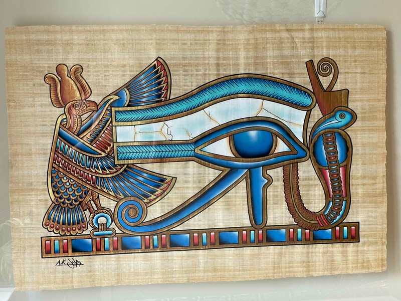 Antique gold framed, vibrant blue, hand painted Egyptian Eye of Horus on papyrus gallery