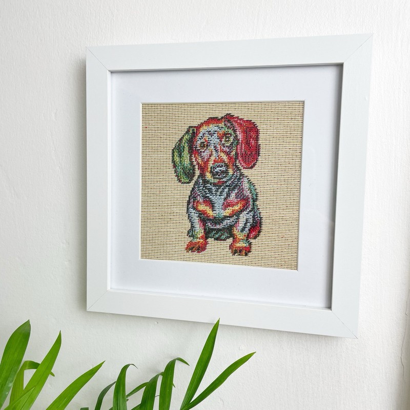 Sausage Dog Picture. Framed textile picture. Mother’s Day Gift.