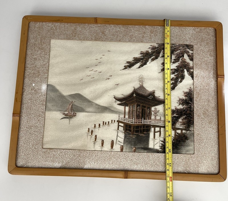 Vintage Japanese Silk Embroidery Crewel Stitched Lake Tree House Framed 16x12” gallery